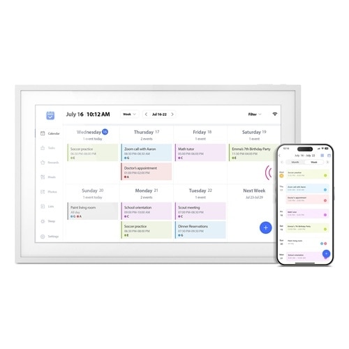 Aluratek AWFC15F eCalendar product image showing a 15.6-inch digital calendar and companion mobile app.