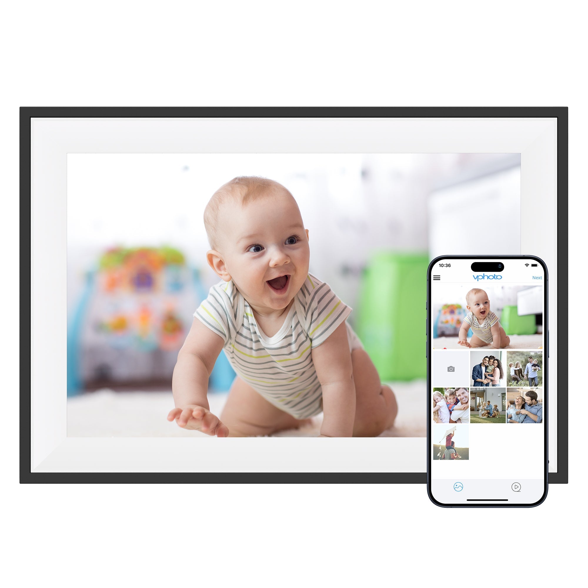 Dragon Touch 10.1-inch WiFi touch screen digital picture frame product image.