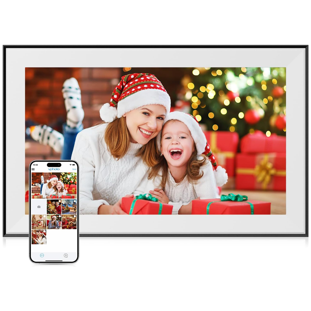 Dragon Touch 15.6-inch WiFi touch screen digital picture frame product image.