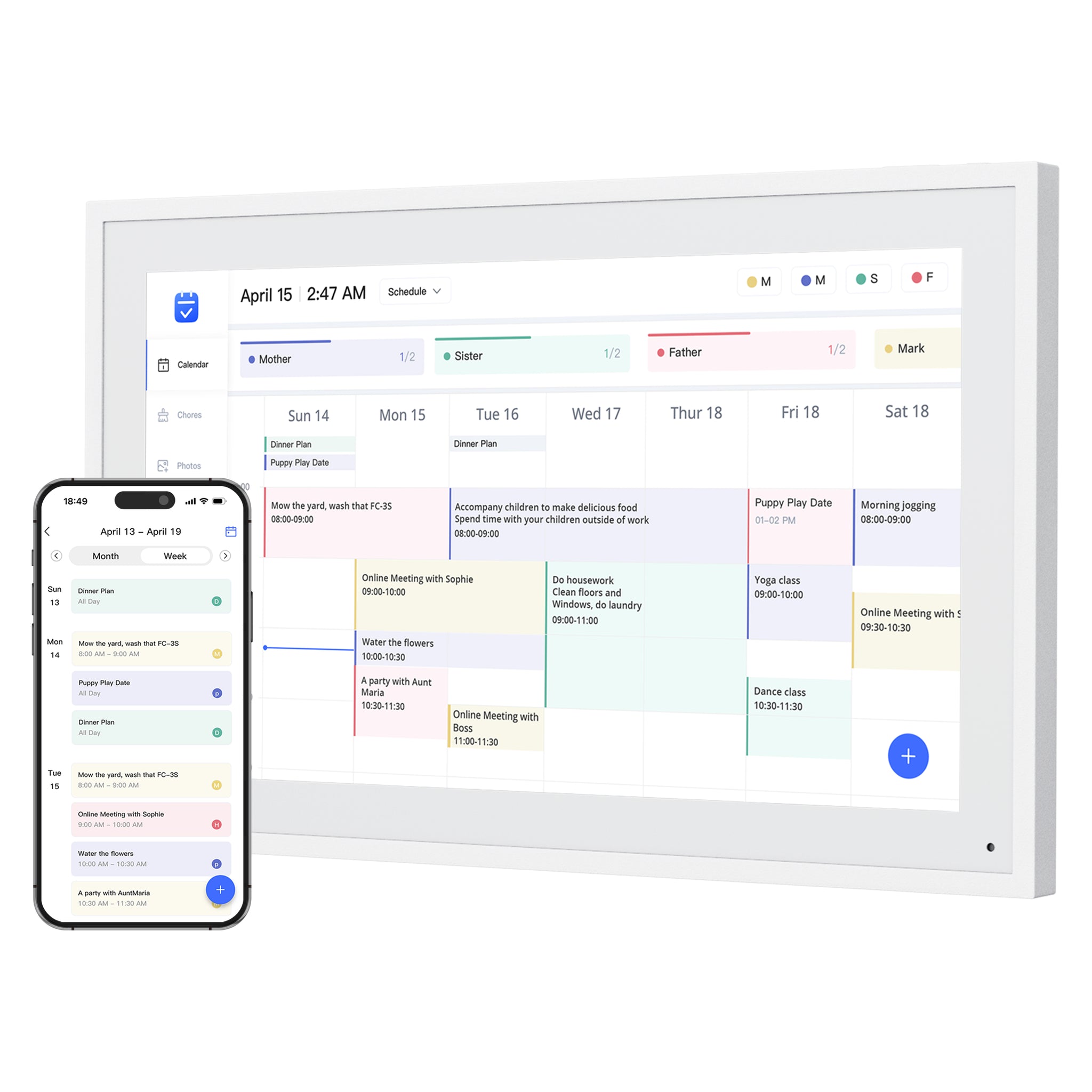 Dragon Touch Digital Calendar product image showing a wall calendar display and companion mobile app.