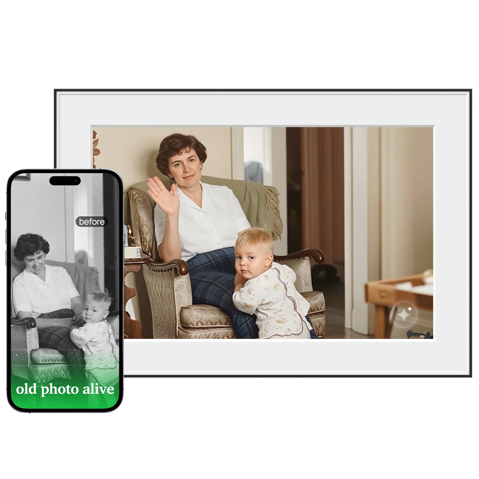 Homture Magic Frame AI digital photo frame showing animated family photo features.
