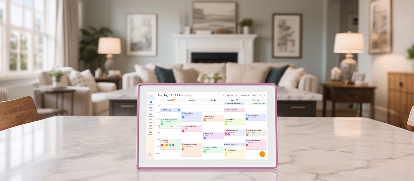 Zicalstar smart calendar frame showing a shared calendar on a tabletop display.