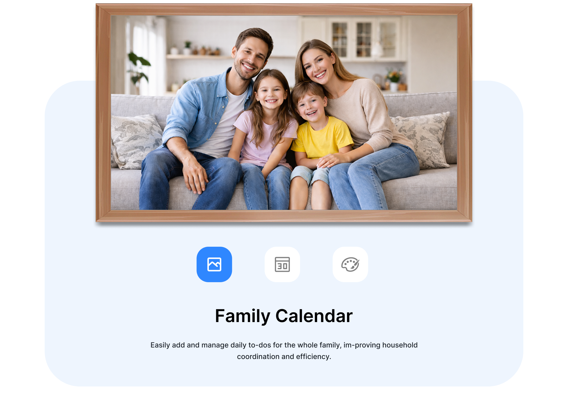 A FotoCube digital frame showing a family photo and Calendar feature