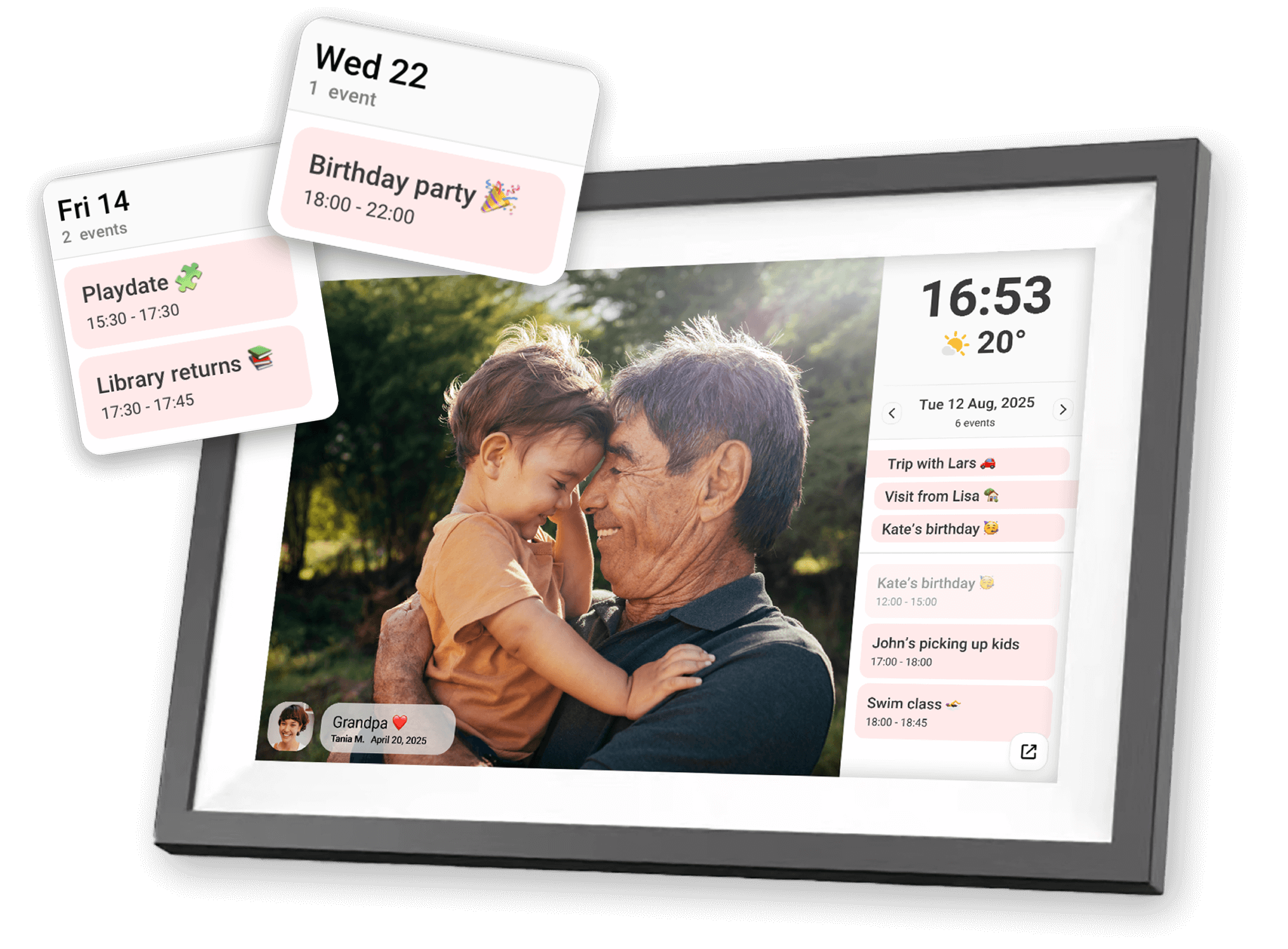 A Frameo photo frame showing a calendar alongside family photos